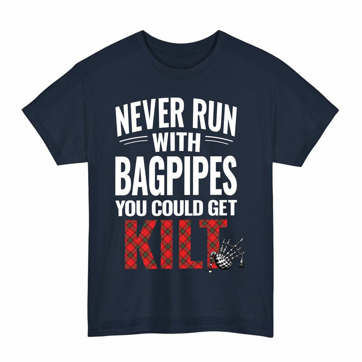 Scottish Seton Modern Clan Tartan Never Run With Bagpipes T-Shirt Tartan Plaid Navy Color