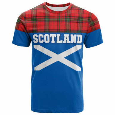 Scottish Seton Modern Clan Tartan T-Shirt - Lion Rampant of Scotland With Flag Front Side Tartan Plaid