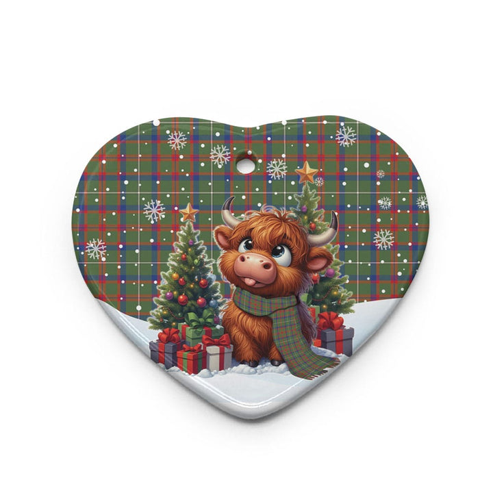 Scottish Shaw Green Modern Clan Tartan Ceramic Ornament Cute Highland Cow Christmas Heart Style Tartan Plaid