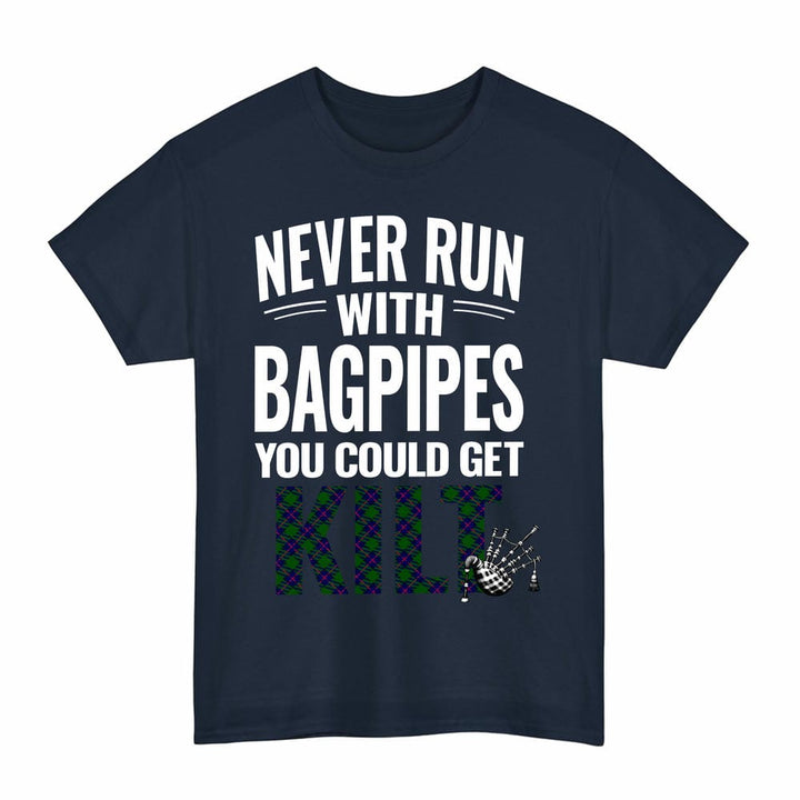 Scottish Shaw Modern Clan Tartan Never Run With Bagpipes T-Shirt Tartan Plaid Navy Color