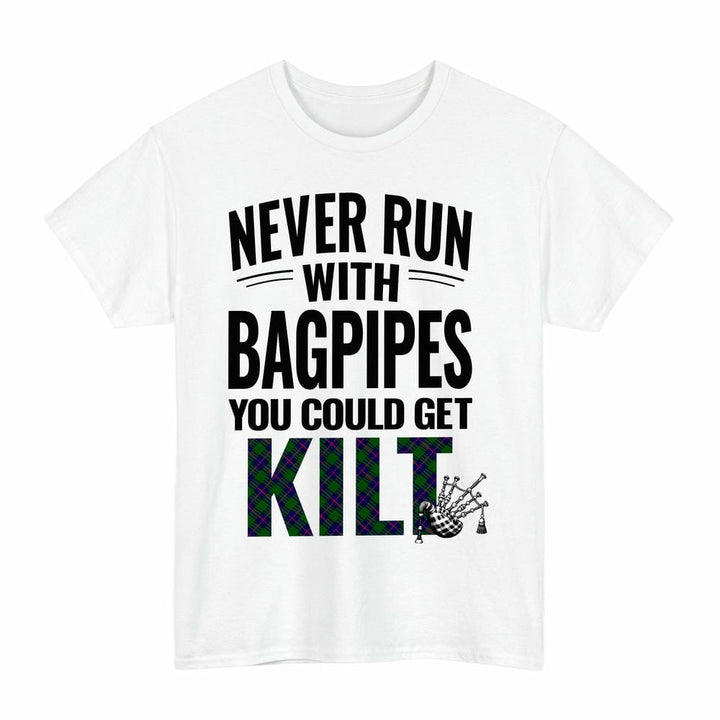 Scottish Shaw Modern Clan Tartan Never Run With Bagpipes T-Shirt Tartan Plaid White Color