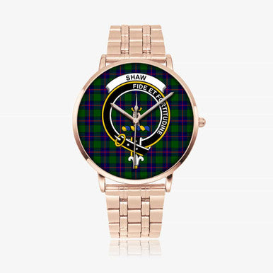 Scottish Shaw (of Tordarroch) Clan Crest Tartan Instafamous Steel Quartz Watches Tartan Plaid Rose Gold 1