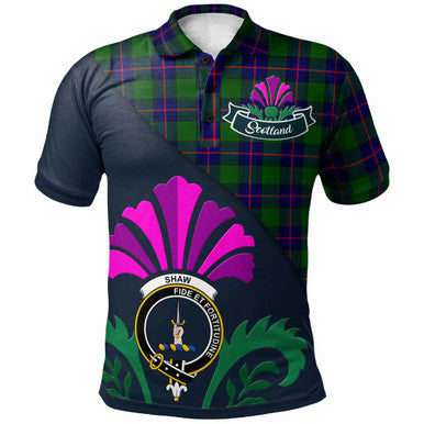 Scottish Shaw (of Tordarroch) Clan Crest Tartan Polo Shirt - Scotland Thistle Style Front Side Tartan Plaid