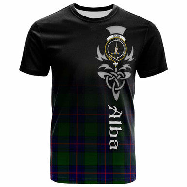 Scottish Shaw (of Tordarroch) Clan Crest Tartan T-Shirt - Alba Gu Brath Family Crest Celtic Inspired Front Side Tartan Plaid