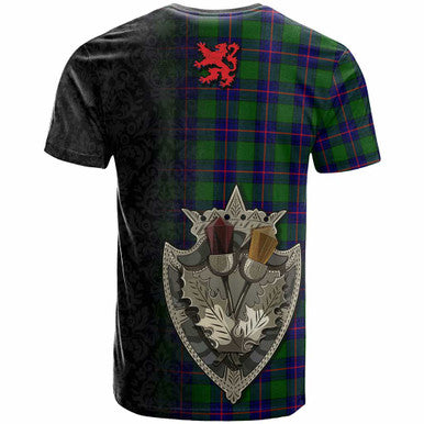 Scottish Shaw (of Tordarroch) Clan Crest Tartan T-Shirt - Half Thistle Flowers Celtic Design Back Side Tartan Plaid