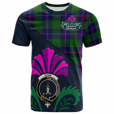 Scottish Shaw (of Tordarroch) Clan Crest Tartan T-Shirt - Scotland Thistle Style Front Side Tartan Plaid