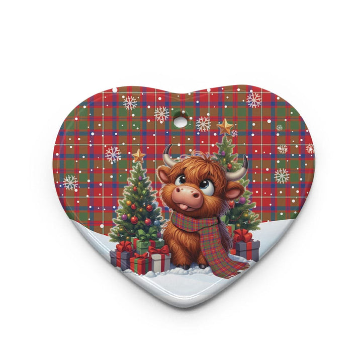 Scottish Shaw Red Modern Clan Tartan Ceramic Ornament Cute Highland Cow Christmas Heart Style Tartan Plaid