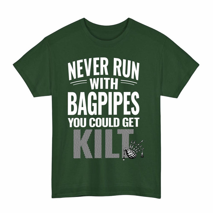 Scottish Shepherd Clan Tartan Never Run With Bagpipes T-Shirt Tartan Plaid Forest Green Color