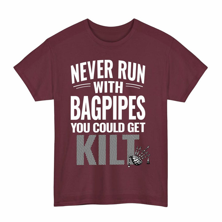 Scottish Shepherd Clan Tartan Never Run With Bagpipes T-Shirt Tartan Plaid Maroon Color