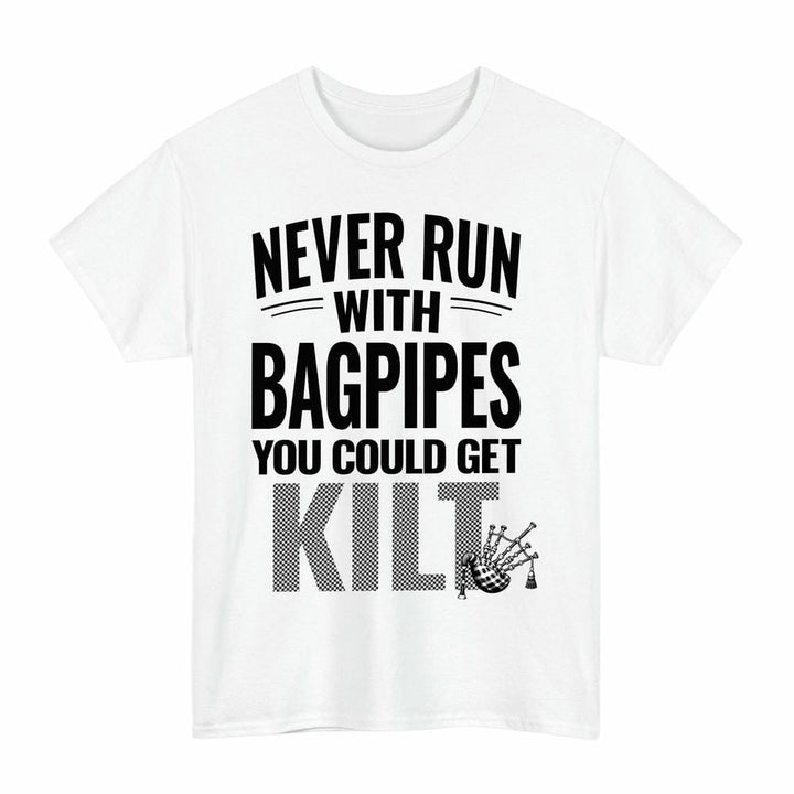 Scottish Shepherd Clan Tartan Never Run With Bagpipes T-Shirt Tartan Plaid White Color