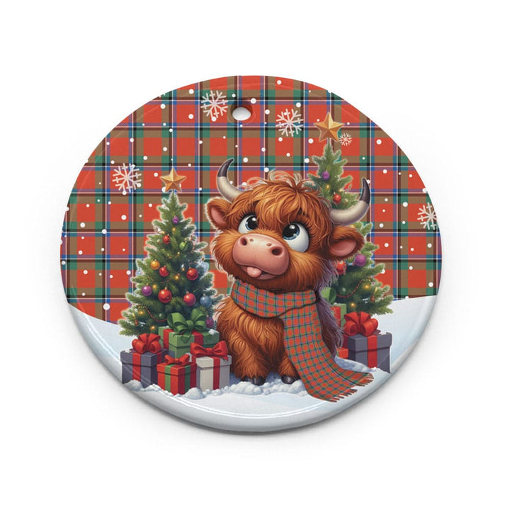 Scottish Sinclair Ancient Clan Tartan Ceramic Ornament Cute Highland Cow Christmas Circle Style Tartan Plaid