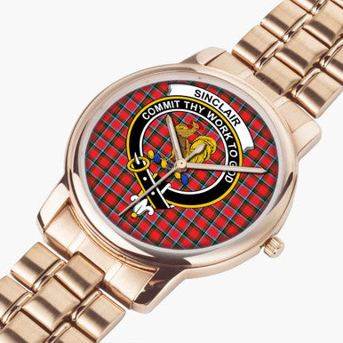 Scottish Sinclair Clan Crest Tartan Folding Clasp Steel Quartz Watches Tartan Plaid Rose Gold 2