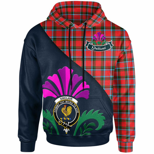Scottish Sinclair Clan Crest Tartan Hoodie - Scotland Thistle Style Front Side Tartan Plaid