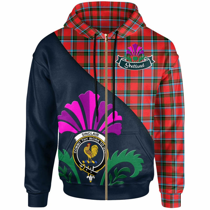 Scottish Sinclair Clan Crest Tartan Hoodie - Scotland Thistle Style Zip-up Tartan Plaid