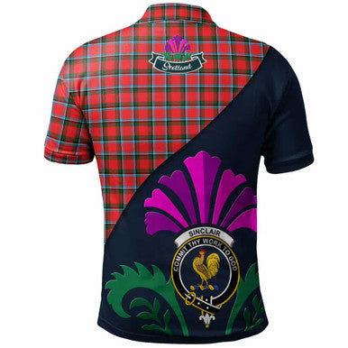 Scottish Sinclair Clan Crest Tartan Polo Shirt - Scotland Thistle Style Back Side Tartan Plaid