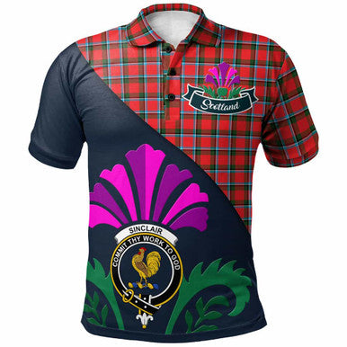 Scottish Sinclair Clan Crest Tartan Polo Shirt - Scotland Thistle Style Front Side Tartan Plaid