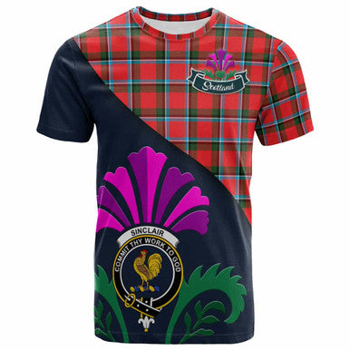 Scottish Sinclair Clan Crest Tartan T-Shirt - Scotland Thistle Style Front Side Tartan Plaid
