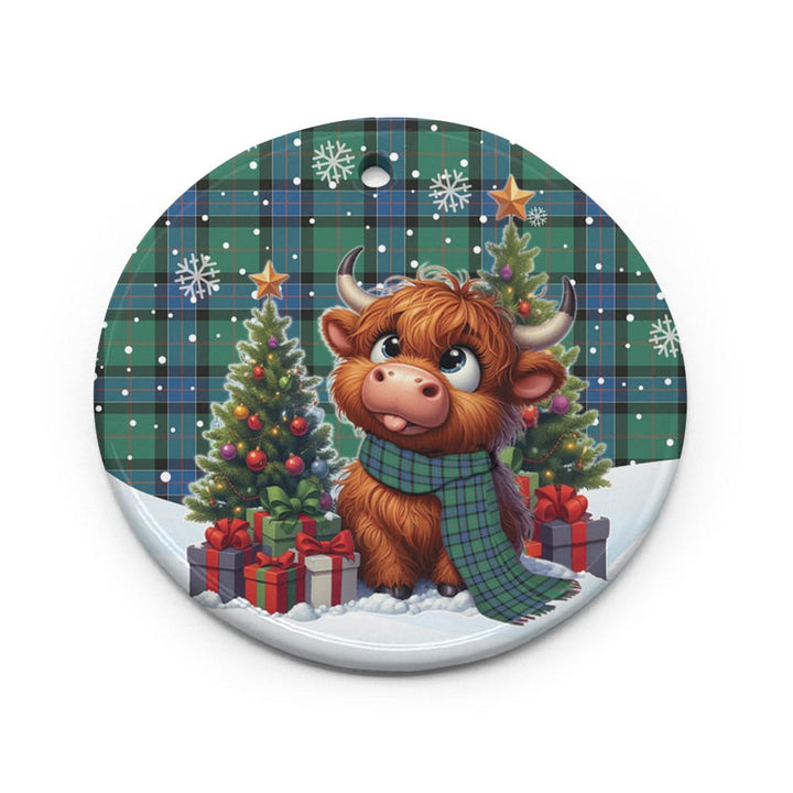 Scottish Sinclair Hunting Ancient Clan Tartan Ceramic Ornament Cute Highland Cow Christmas Circle Style Tartan Plaid
