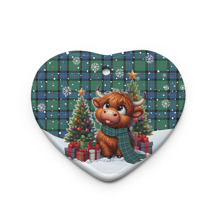 Scottish Sinclair Hunting Ancient Clan Tartan Ceramic Ornament Cute Highland Cow Christmas Heart Style Tartan Plaid