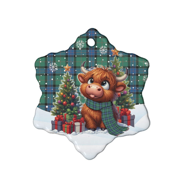 Scottish Sinclair Hunting Ancient Clan Tartan Ceramic Ornament Cute Highland Cow Christmas Snow Flake Style Tartan Plaid