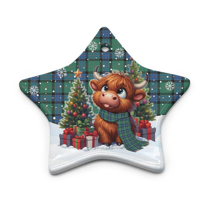 Scottish Sinclair Hunting Ancient Clan Tartan Ceramic Ornament Cute Highland Cow Christmas Star Style Tartan Plaid