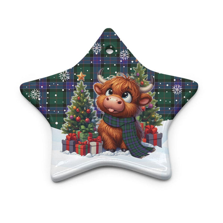 Scottish Sinclair Hunting Modern Clan Tartan Ceramic Ornament Cute Highland Cow Christmas Star Style Tartan Plaid