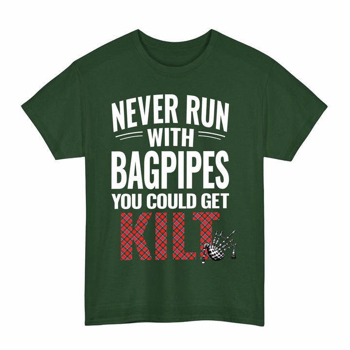 Scottish Sinclair Modern Clan Tartan Never Run With Bagpipes T-Shirt Tartan Plaid Forest Green Color