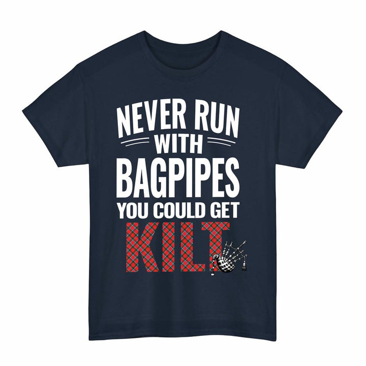 Scottish Sinclair Modern Clan Tartan Never Run With Bagpipes T-Shirt Tartan Plaid Navy Color