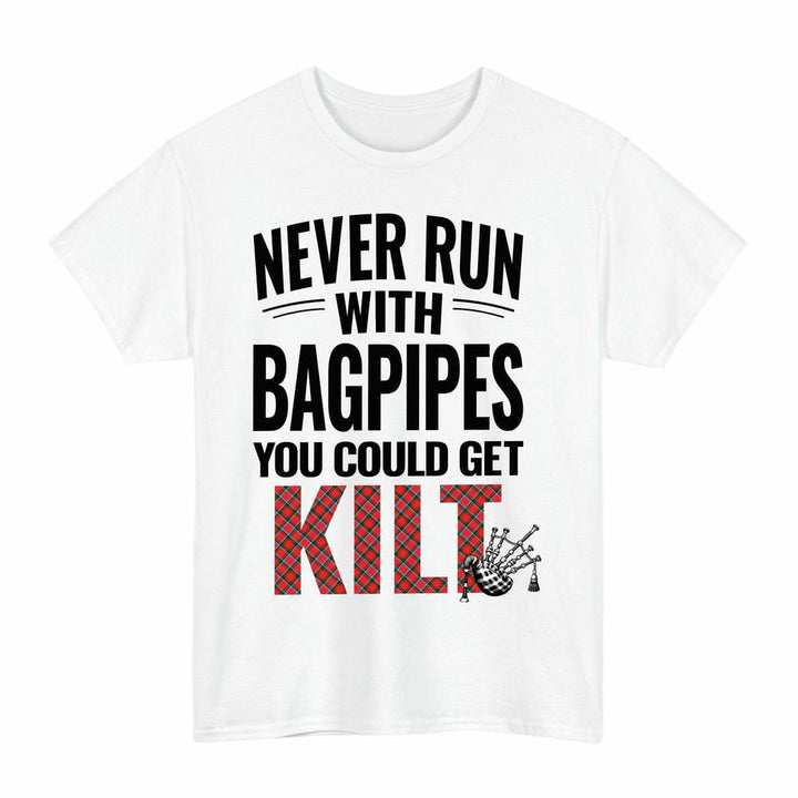 Scottish Sinclair Modern Clan Tartan Never Run With Bagpipes T-Shirt Tartan Plaid White Color