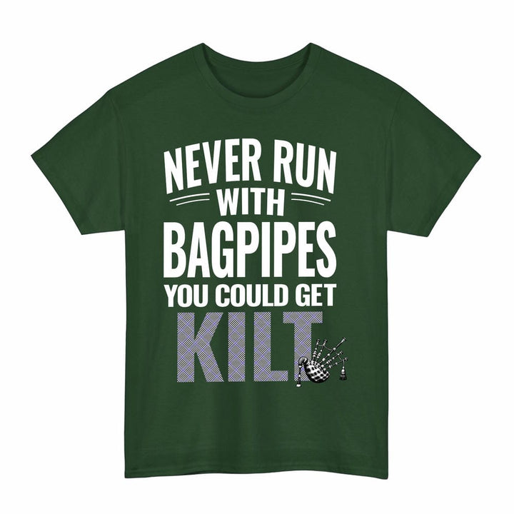 Scottish Sir Walter Scott Clan Tartan Never Run With Bagpipes T-Shirt Tartan Plaid Forest Green Color