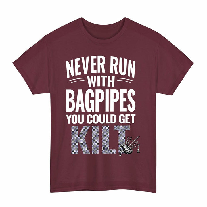 Scottish Sir Walter Scott Clan Tartan Never Run With Bagpipes T-Shirt Tartan Plaid Maroon Color
