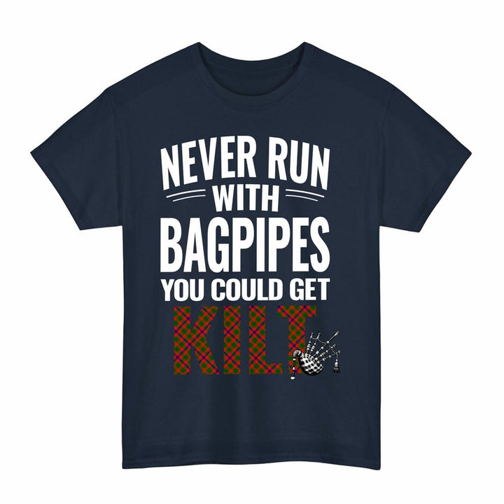 Scottish Skene Modern Clan Tartan Never Run With Bagpipes T-Shirt Tartan Plaid Navy Color