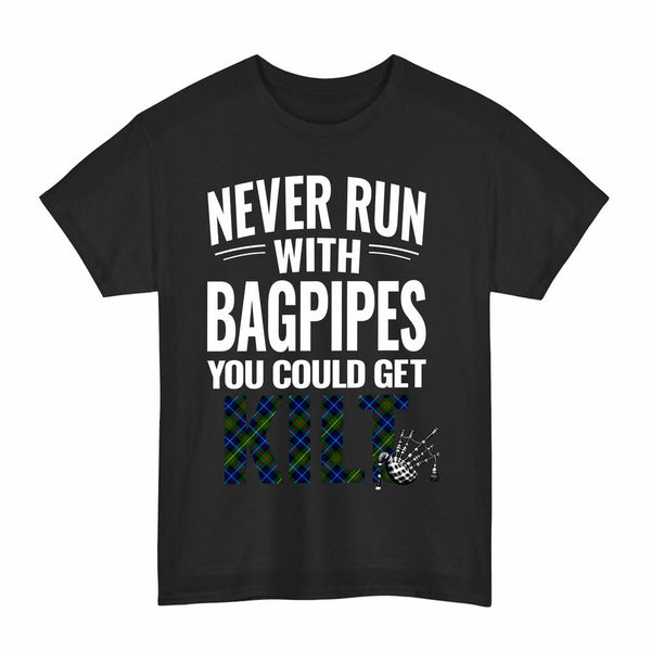 Scottish Smith Modern Clan Tartan Never Run With Bagpipes T-Shirt Tartan Plaid Black Color