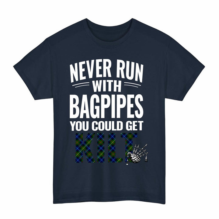 Scottish Smith Modern Clan Tartan Never Run With Bagpipes T-Shirt Tartan Plaid Navy Color