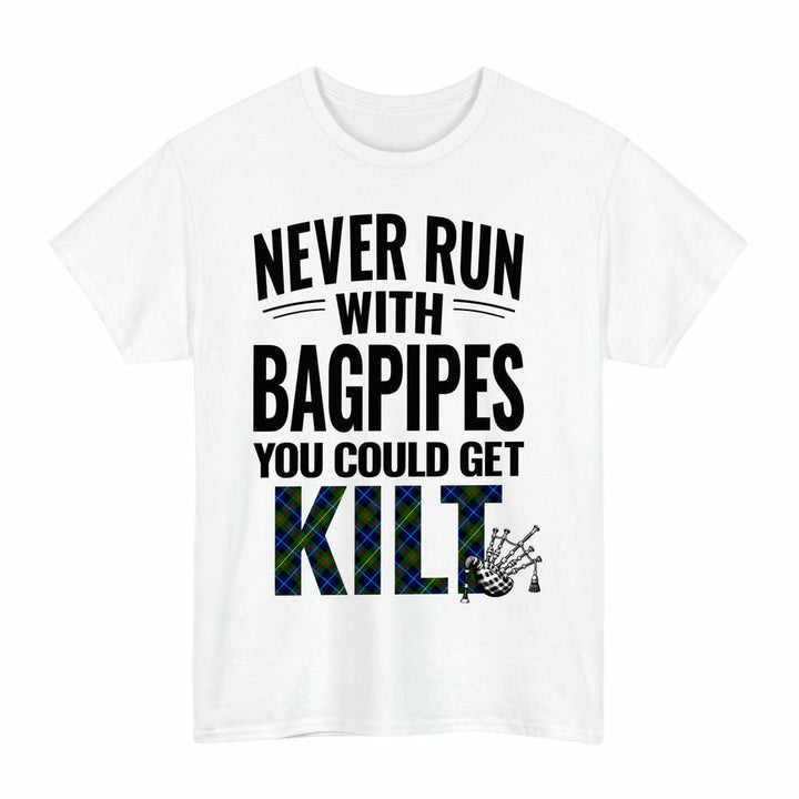 Scottish Smith Modern Clan Tartan Never Run With Bagpipes T-Shirt Tartan Plaid White Color