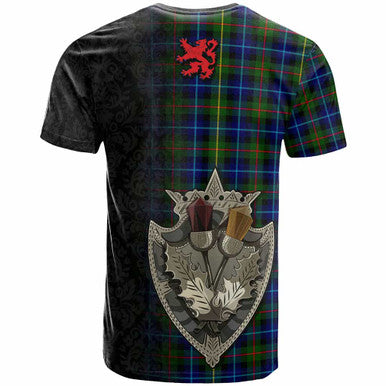 Scottish Smith Modern Clan Tartan T-Shirt - Half Thistle Flowers Celtic Design Back Side Tartan Plaid