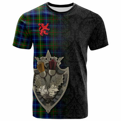 Scottish Smith Modern Clan Tartan T-Shirt - Half Thistle Flowers Celtic Design Front Side Tartan Plaid