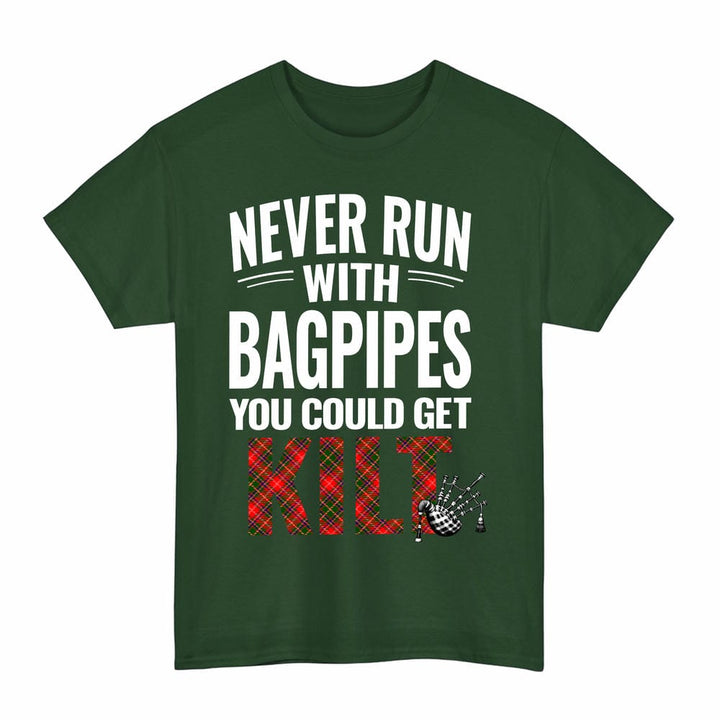 Scottish Somerville Modern Clan Tartan Never Run With Bagpipes T-Shirt Tartan Plaid Forest Green Color