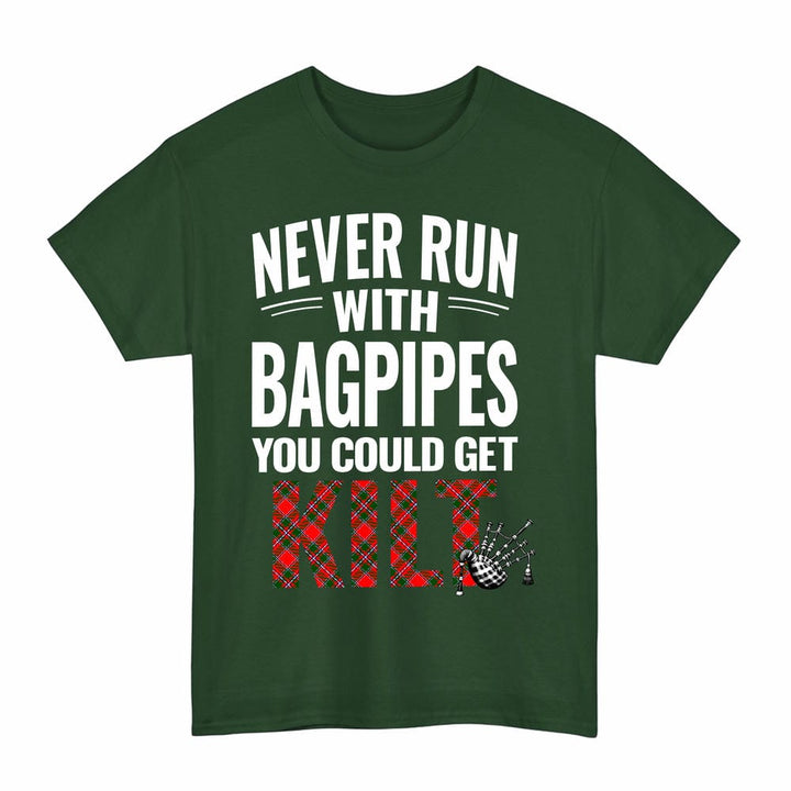 Scottish Spens Modern Clan Tartan Never Run With Bagpipes T-Shirt Tartan Plaid Forest Green Color