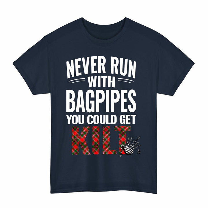 Scottish Spens Modern Clan Tartan Never Run With Bagpipes T-Shirt Tartan Plaid Navy Color