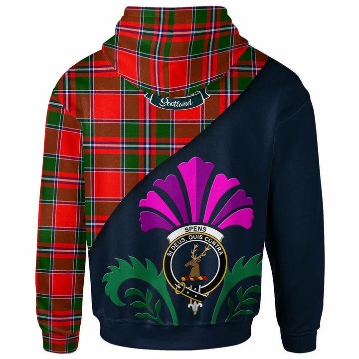 Scottish Spens (or Spence) Clan Crest Tartan Hoodie - Scotland Thistle Style Back Side Tartan Plaid