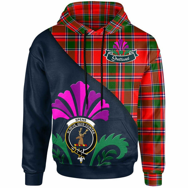 Scottish Spens (or Spence) Clan Crest Tartan Hoodie - Scotland Thistle Style Front Side Tartan Plaid