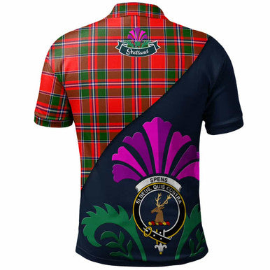 Scottish Spens (or Spence) Clan Crest Tartan Polo Shirt - Scotland Thistle Style Back Side Tartan Plaid
