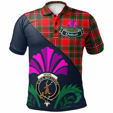 Scottish Spens (or Spence) Clan Crest Tartan Polo Shirt - Scotland Thistle Style Front Side Tartan Plaid