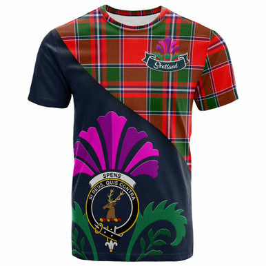 Scottish Spens (or Spence) Clan Crest Tartan T-Shirt - Scotland Thistle Style Front Side Tartan Plaid