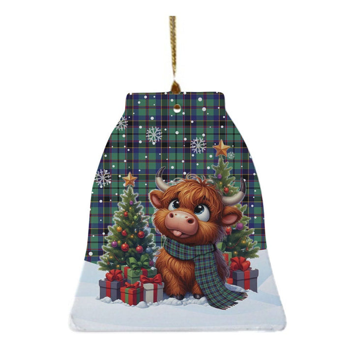 Scottish Stevenson Clan Tartan Ceramic Ornament Cute Highland Cow Christmas Bell Style Tartan Plaid
