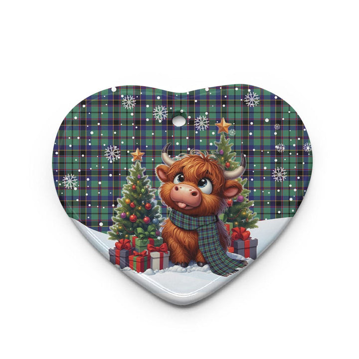 Scottish Stevenson Clan Tartan Ceramic Ornament Cute Highland Cow Christmas Heart Style Tartan Plaid