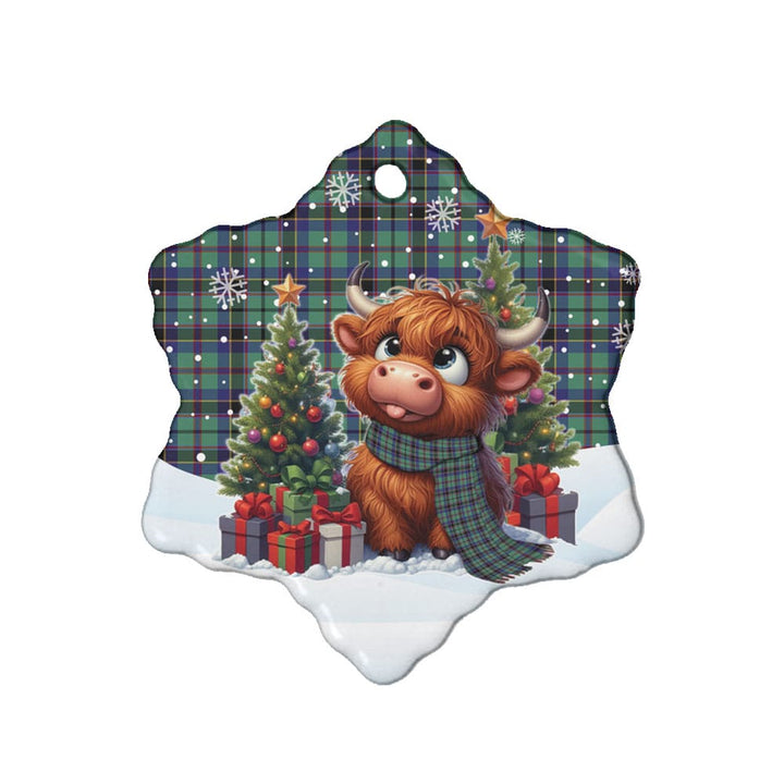 Scottish Stevenson Clan Tartan Ceramic Ornament Cute Highland Cow Christmas Snow Flake Style Tartan Plaid