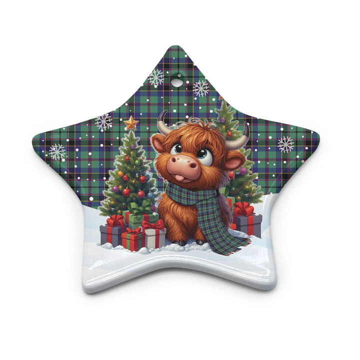 Scottish Stevenson Clan Tartan Ceramic Ornament Cute Highland Cow Christmas Star Style Tartan Plaid