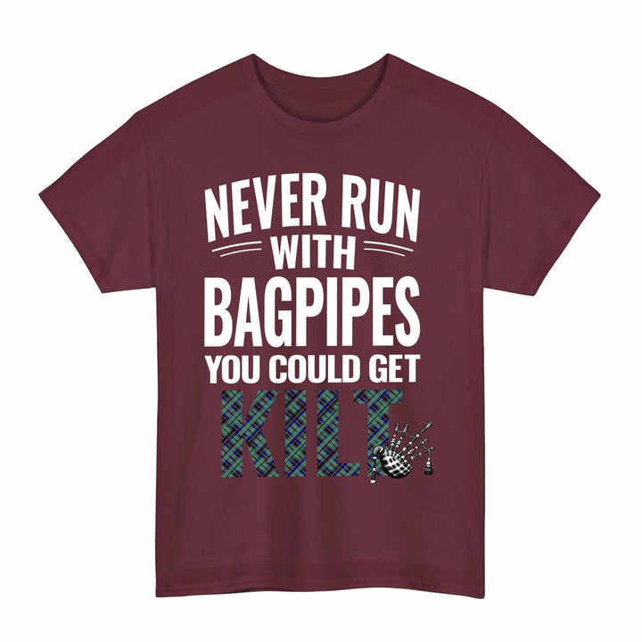 Scottish Stevenson Clan Tartan Never Run With Bagpipes T-Shirt Tartan Plaid Maroon Color